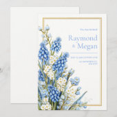 Invitation Blue Muscari White Blossom Gold Frame Wedding (Devant / Derrière)