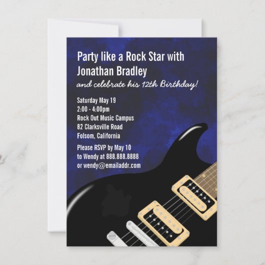 Invitation Blue Music Guitare Rock Star Anniversaire (Devant)
