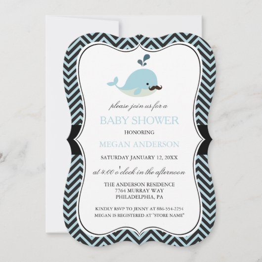 Invitation Blue Mustache Whale Chevron Boy Baby shower (Devant)