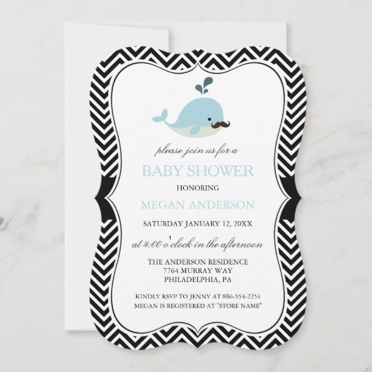 Invitation Blue Mustache Whale Chevron Boy Baby shower (Devant)