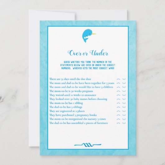 Invitation Blue Narwhal Over and Under Baby shower Game (Devant)