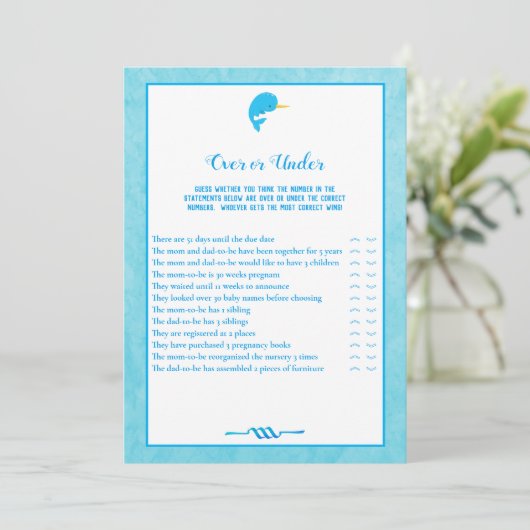 Invitation Blue Narwhal Over and Under Baby shower Game (Debout devant)