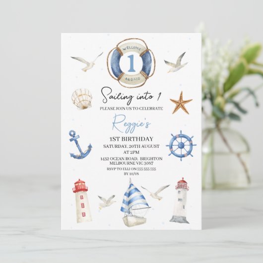 Invitation Blue Nautical vole en un 1er anniversaire (Debout devant)