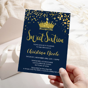 Invitation Blue Navy Gold Confetti Elegant Sweet 16