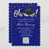 Invitation Blue Navy Golden Confetti Graduate Party QR Code (Devant / Derrière)