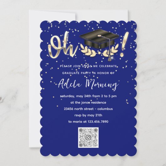 Invitation Blue Navy Golden Confetti Graduate Party QR Code (Devant)