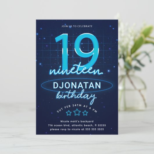 Invitation Blue Neon 19e fête d'anniversaire Faisons de la fo (Debout devant)