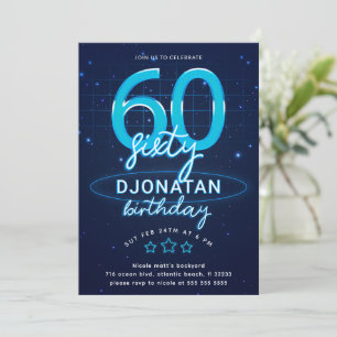 Invitation Blue Neon 60e fête d'anniversaire Llow Crazy
