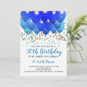 Invitation Blue Neon Balloons Confetti 50e fête d'anniversair (Debout devant)