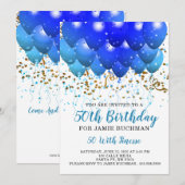 Invitation Blue Neon Balloons Confetti 50e fête d'anniversair (Devant / Derrière)