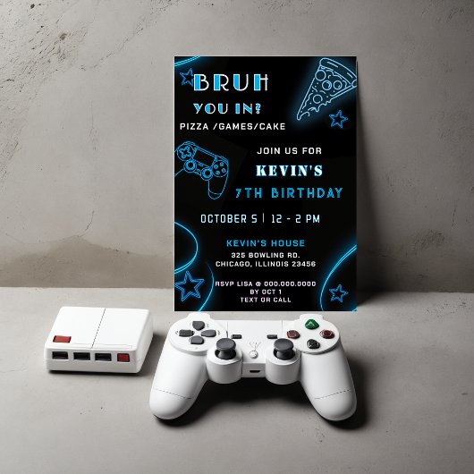 Invitation Blue Neon Glow Pizza Jeux Bruh Anniversaire
