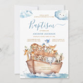 Invitation Blue Noah's Ark mignon Animaux Aquarelle Baptême (Devant)