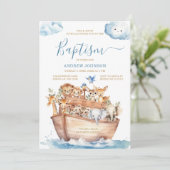 Invitation Blue Noah's Ark mignon Animaux Aquarelle Baptême (Debout devant)