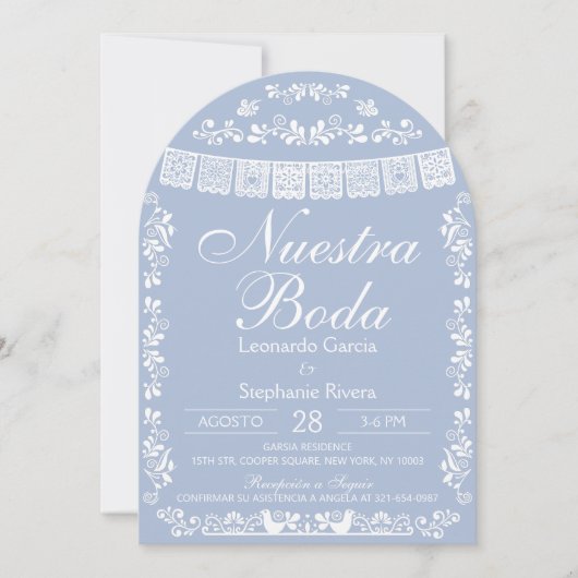 Invitation Blue Nuestra Boda Papel Picado Spanish Wedding (Devant)