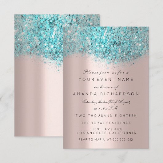 Invitation Blue Ocean Confetti Rose Gold Bridal Sweet 16e (Devant / Derrière)