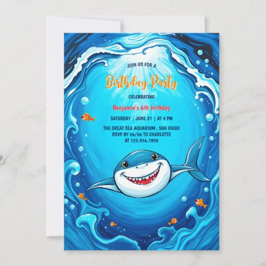 Invitation Blue Ocean Kids Grand requin blanc fête d'annivers (Devant)