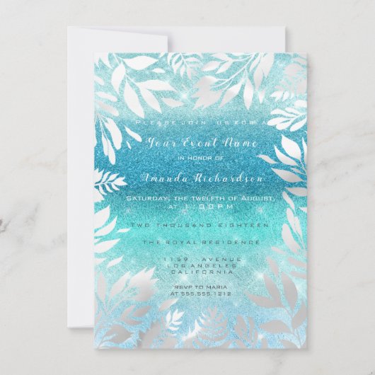 Invitation Blue Ocean Sky Parties scintillant Ombre Floral Fo (Devant)