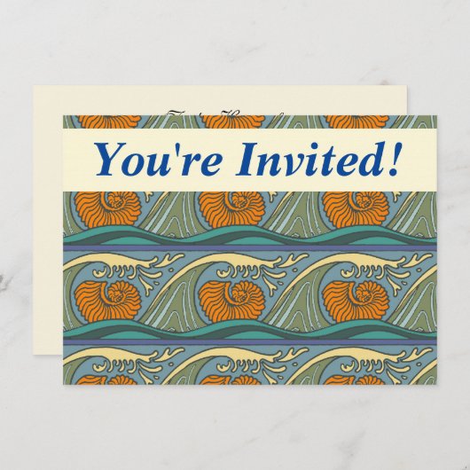 Invitation Blue Ocean Waves Nautilus Seashell Motif Nouveau (Devant / Derrière)