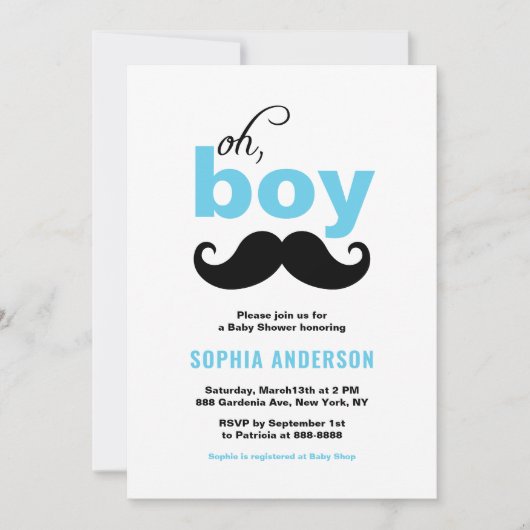 Invitation Blue Oh c'est un garçon Mustache Baby shower Invit (Devant)