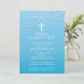 Invitation Blue Ombre Garland Cross Boy Communion moderne (Debout devant)