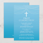 Invitation Blue Ombre Garland Cross Boy Communion moderne (Devant / Derrière)