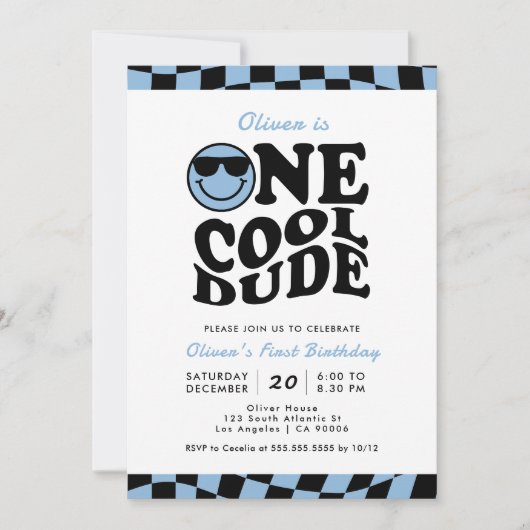 Invitation Blue One Cool Dude Preppy Smile Boy 1er anniversai (Devant)