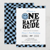 Invitation Blue One Happy Dude Preppy Smile Boy 1er anniversa (Devant / Derrière)