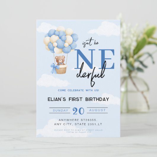 Invitation Blue Onederful Hot Air Balloon garçon 1er annivers (Debout devant)