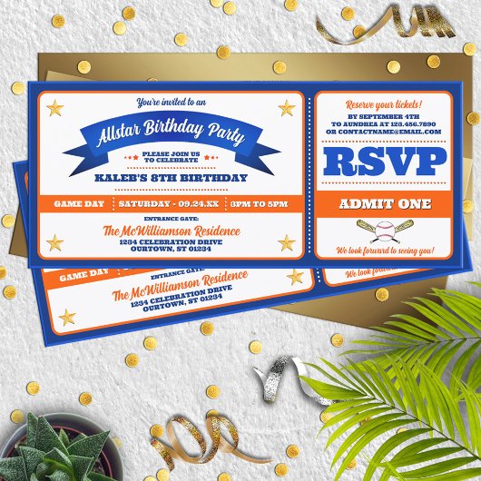 Invitation Blue & Orange Baseball Allstar Ticket Birthday