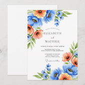 Invitation Blue Orange Blooming Romance Wedding (Devant / Derrière)