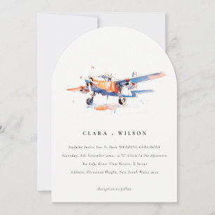 Invitation Blue Orange Blush Aquarelle Air Plane Mariage