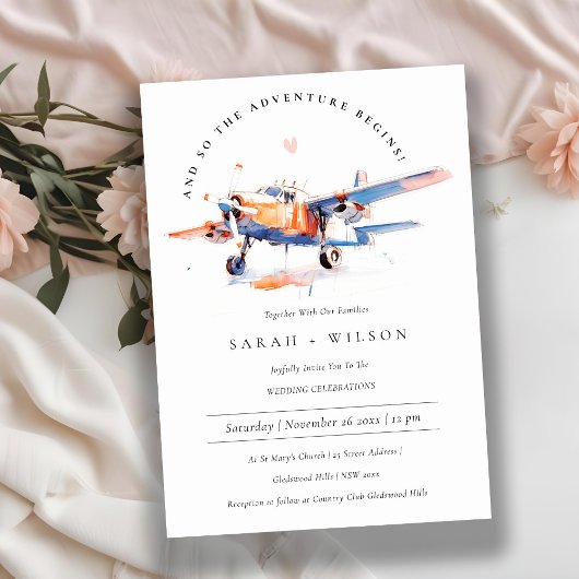 Invitation Blue Orange Blush Aquarelle Air Plane Mariage