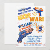 Invitation Blue Orange Boys BD Party- Nerf War 5th Birthday (Devant / Derrière)