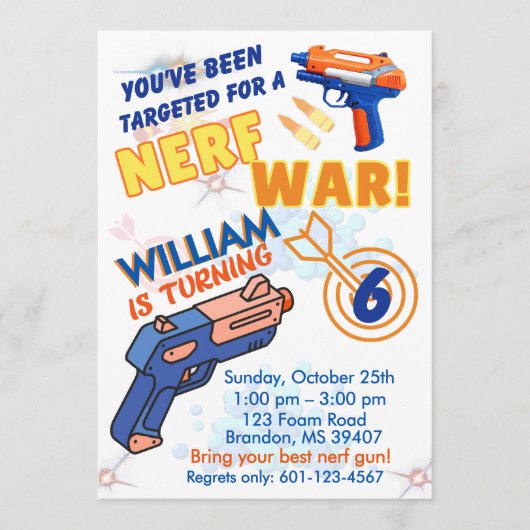 Invitation Blue Orange Boys BD Party- Nerf War 6th Birthday (Devant)