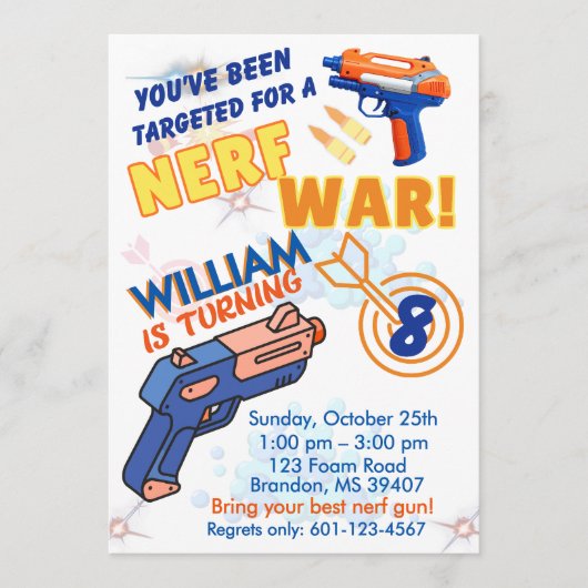 Invitation Blue Orange Boys BD Party- Nerf War 8th Birthday (Devant)