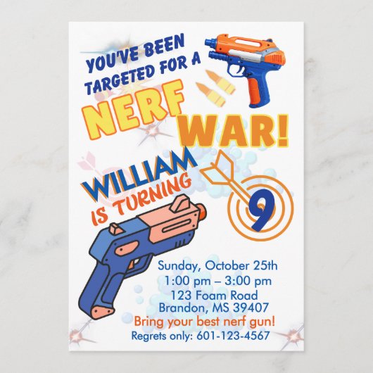 Invitation Blue Orange Boys BD Party- Nerf War 9th Birthday (Devant)