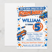 Invitation Blue Orange Boys Party- Foam Blaster 5th Birthday (Devant / Derrière)