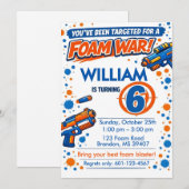 Invitation Blue Orange Boys Party- Foam Blaster 6th Birthday (Devant / Derrière)
