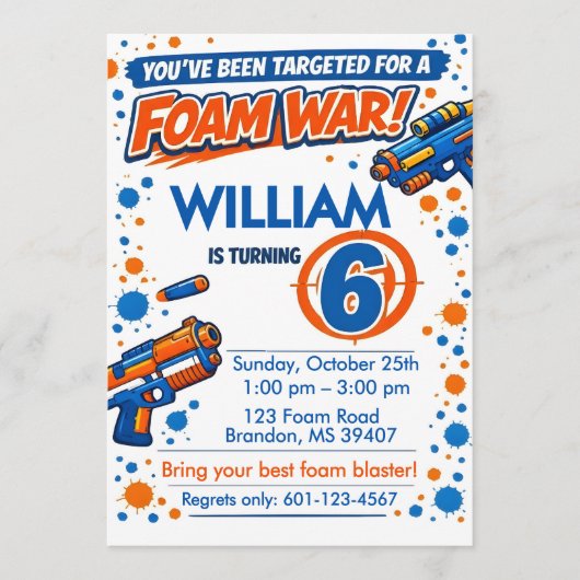 Invitation Blue Orange Boys Party- Foam Blaster 6th Birthday (Devant)