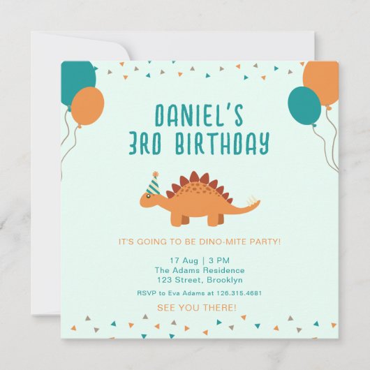 Invitation Blue Orange Cute Dinosaur fête d'anniversaire (Devant)