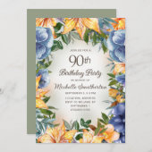 Invitation Blue Orange Floral 90e anniversaire (Devant / Derrière)