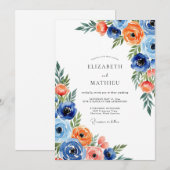 Invitation Blue Orange Floral Whimsical Wedding (Devant / Derrière)