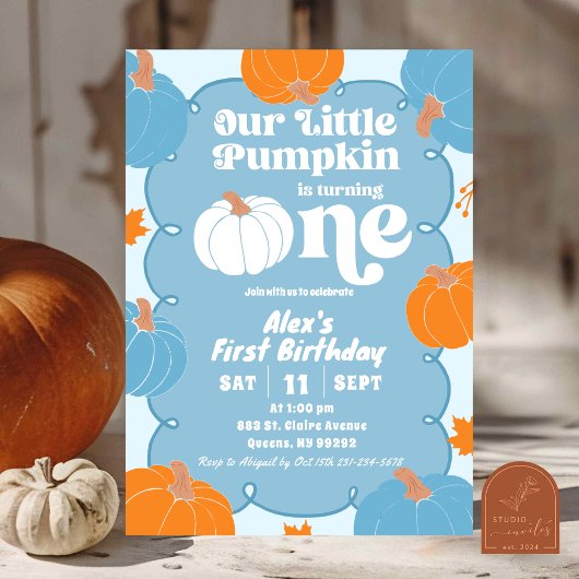 Invitation Blue Orange Fun Pumpkin Premier Anniversaire