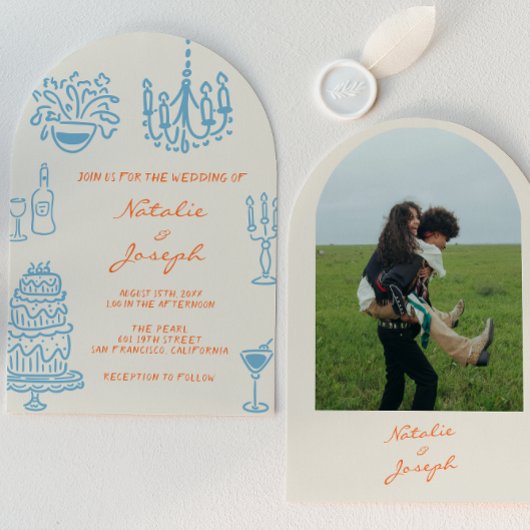 Invitation Blue Orange Hand Drawn Whimsical Arched Wedding