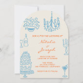 Invitation Blue Orange Hand Drawn Whimsical Arched Wedding (Devant)