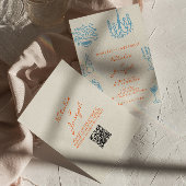 Invitation Blue Orange Hand Drawn Whimsical QR Code Wedding