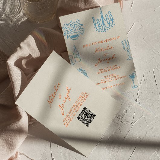 Invitation Blue Orange Hand Drawn Whimsical QR Code Wedding