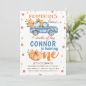 Invitation Blue Orange One Citrouille Camion 1er anniversaire (Debout devant)