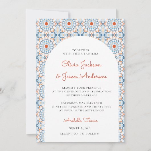 Invitation Blue Orange Oriental Arch Marocain Mariage du dése (Devant)