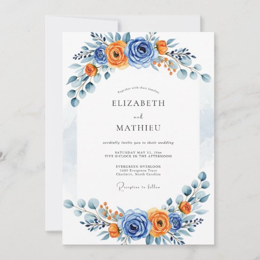 Invitation Blue Orange Romantic Bloom Wedding (Devant)